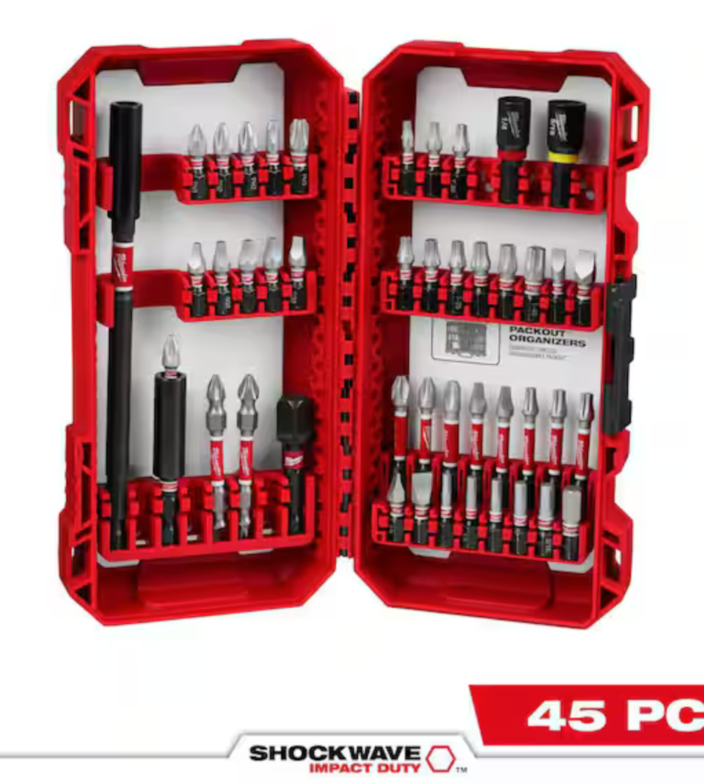 Juego de puntas Milwaukee para destornillador de acero de aleación SHOCKWAVE para impacto o taladro (45 piezas)