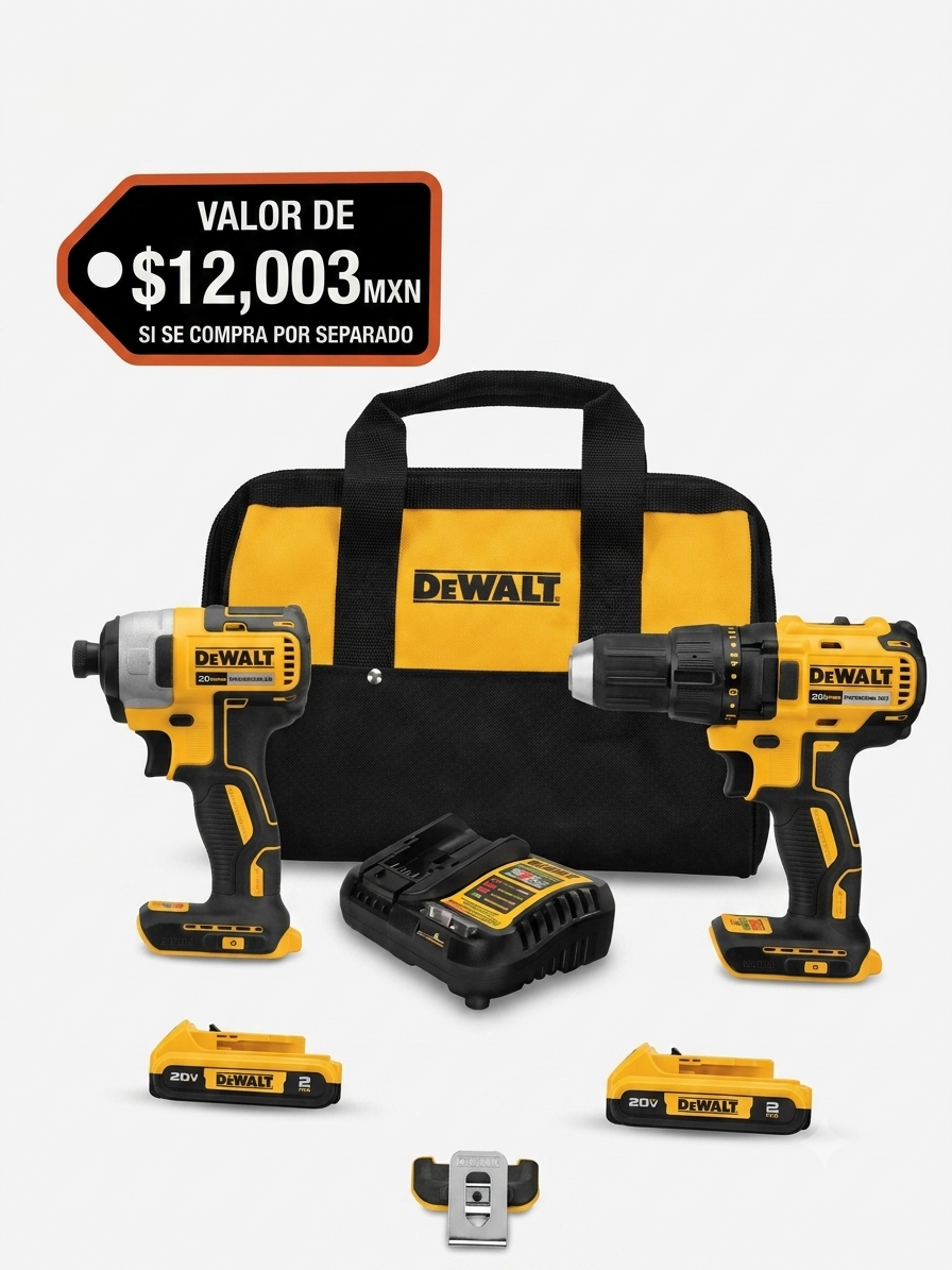 DEWALT 20V MAX Kit de 2 Herramientas Inalámbricas con 2 Baterías, Cargador y Bolsa – Original