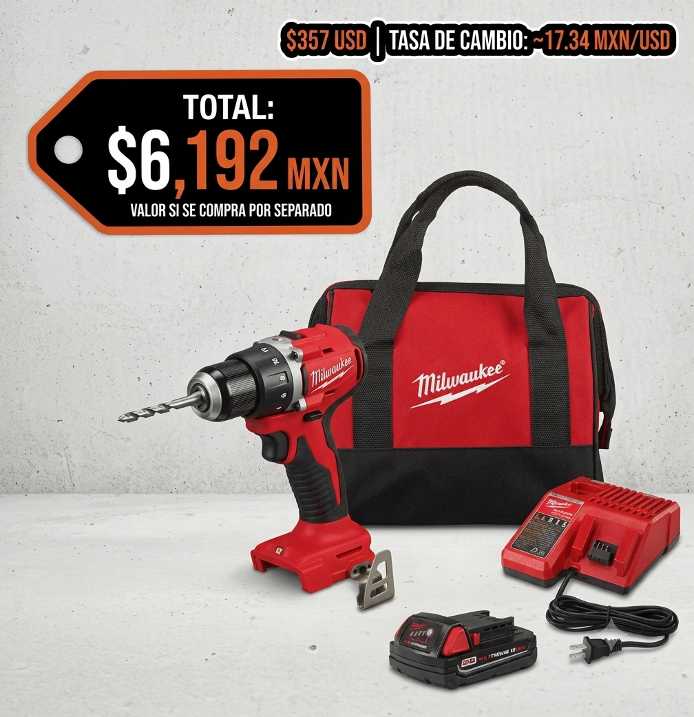 Producto original Milwaukee importado de Estados Unidos. Incluye batería, cargador y bolsa. Garantía de satisfacción de Del Norte Market.